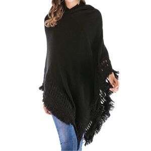 Women Hooded Shawl Cape Knit Sweater Poncho Tassel Fringe Hem Knit Scarf Top OS